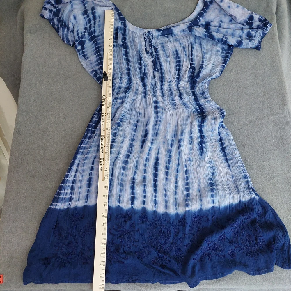 Raya Sun Boho Tie Dye Embroidered Smocked Mini Dress XL Blue White Cotton